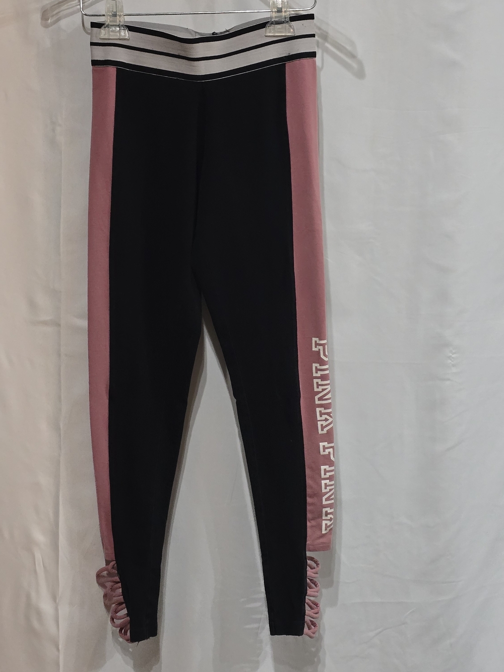 Victoria's Secret PINK Black/Pink Varsity Band Leggings Caged Ankle Details SP